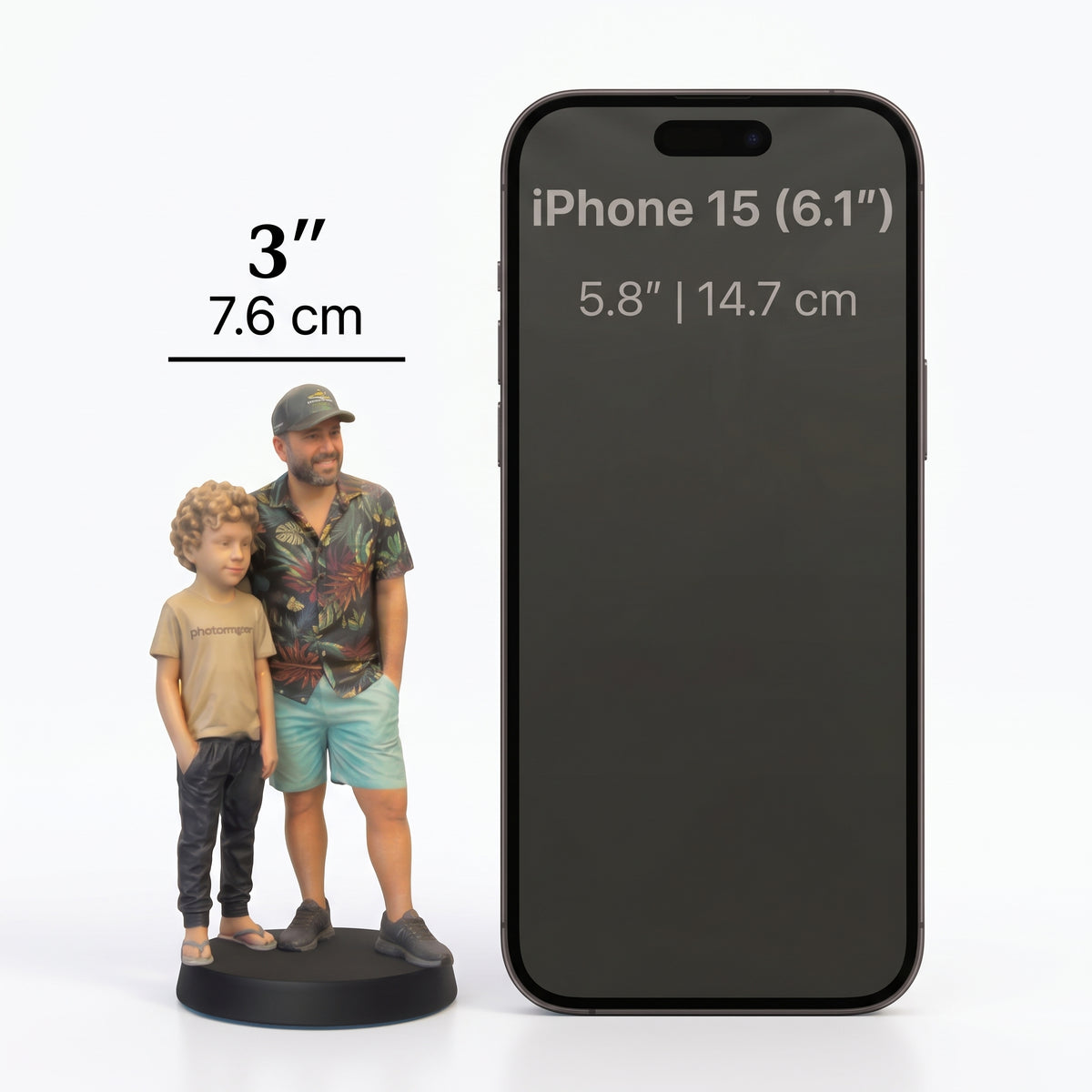 3 inch (7.6 cm) figurine next to an iPhone 15