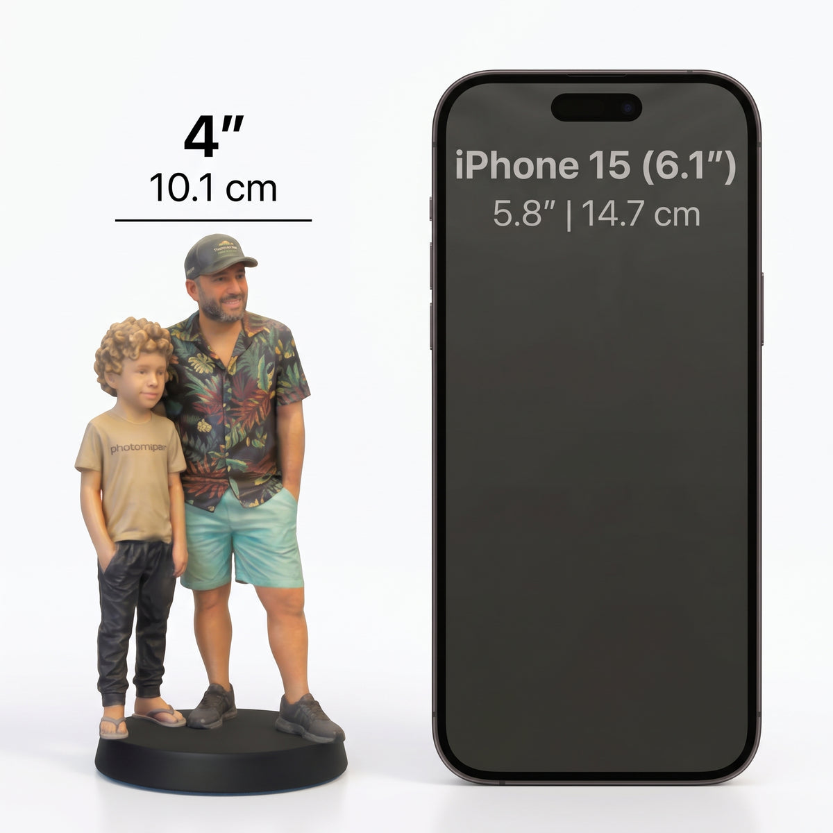 4 inch (10.1 cm) figurine next to an iPhone 15